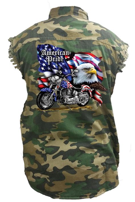 Men S Camo Sleeveless Denim Shirt USA Flag American Pride Bald Eagle