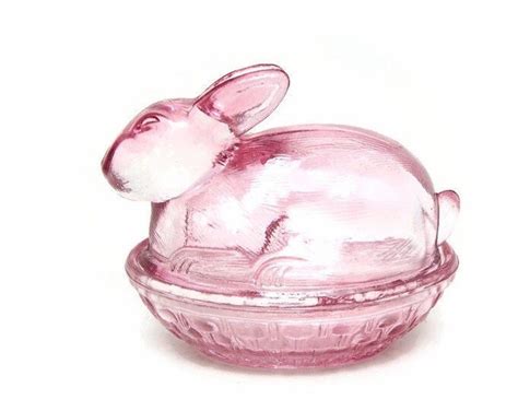 Vintage Pink Glass Bunny Candy Dish Rabbit On Nest Treat Jar Bunny