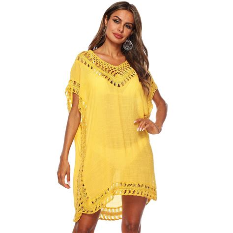 Women Beachwear Swimwear Sexy Loose Lady Beach Dress Solid Bikini Cover Up Swimsuit Hollow