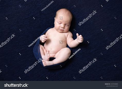 Naked Newborn Baby Sleeping Relaxed Slightly Stock Photo