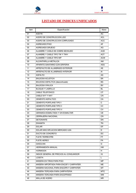 Diccionario Indices Unificados 2 Listado De Indices Unificados C P O