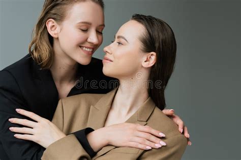 Cheerful Same Sex Couple In Beige Stock Image Image Of Girlfriends