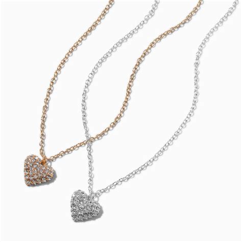 Mixed Metal Pavé Puffy Heart Pendant Necklace Claires Us