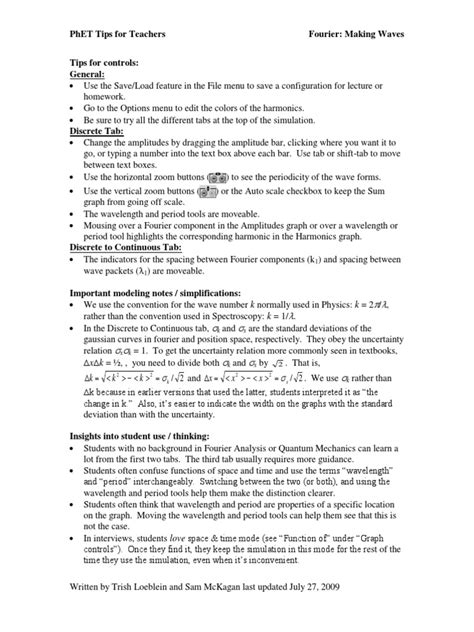 Phet Tips For Teachers Fourier Making Waves X K You Need To Divide Both K K K X X X Pdf