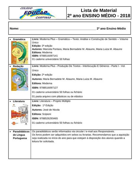 PDF Lista de Material 2º ano ENSINO MÉDIO 2018 Livro Sociologia