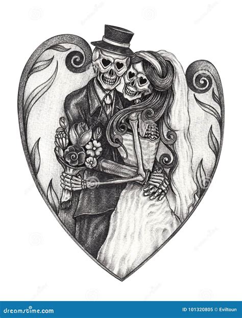 Art Wedding Skulls Day Of The Dead Stock Illustration Illustration Of Groom Heart 101320805