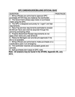 Fillable Online GPC CARDHOLDER BILLING OFFICIAL QUIZ Fax Email Print