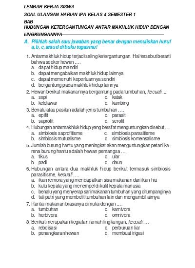 Soal Uh Ipa Kelas Semester Bab Hubungan Ketergantungan Antar