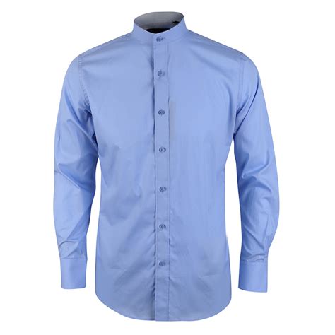 Mandarin Collar Plain Long Sleeve Shirt Light Blue David Wej