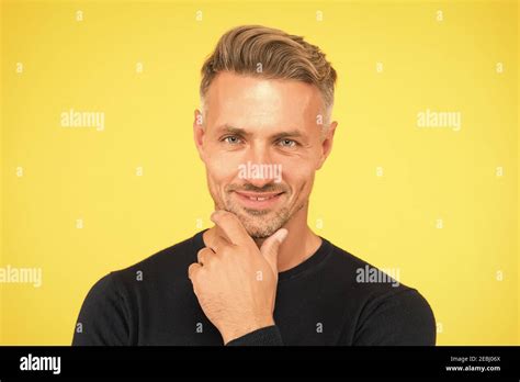 His Beard Is Unshaven Unshaven Man Yellow Background Unshaven Look Of Mature Model Handsome