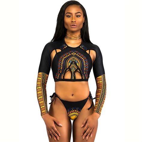 African Dashiki Print Low Waist Bikini Swimsuit Long Sleeve Thong