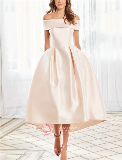 Sleek Satin Off The Shoulder Tea Length Bridal Ball Gown Lunss