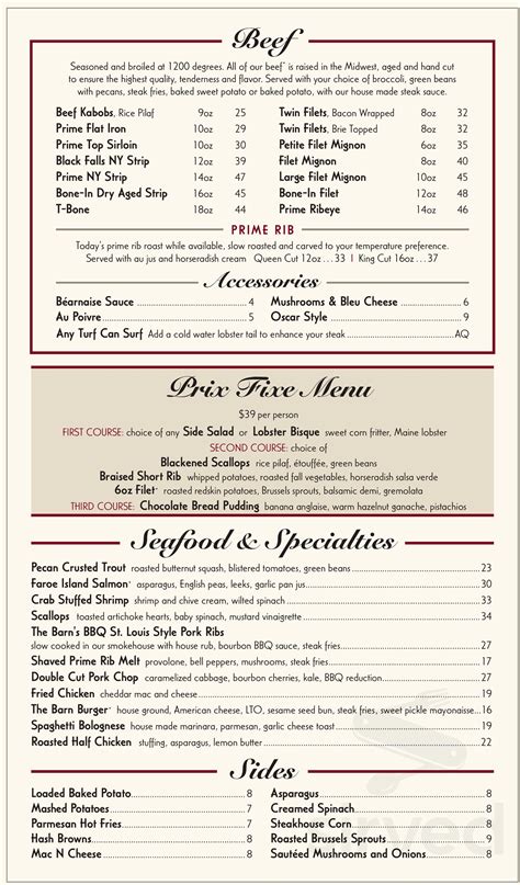 The Barn At Rocky Fork Creek Menu In Gahanna Ohio Usa