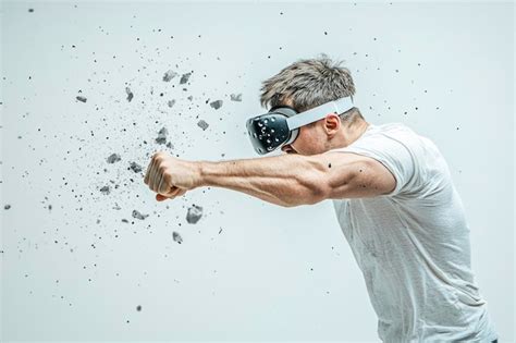 Side View Of Man Wearing VR Glass And Smashing Or Punching At Camera