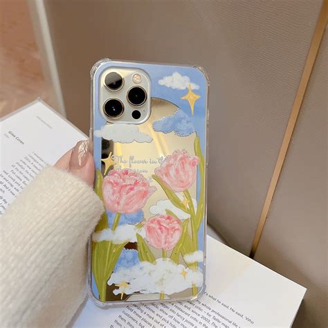 Cute Pink Tulips Iphone Case Blue Sky Cloud Iphone Cover Etsy Uk