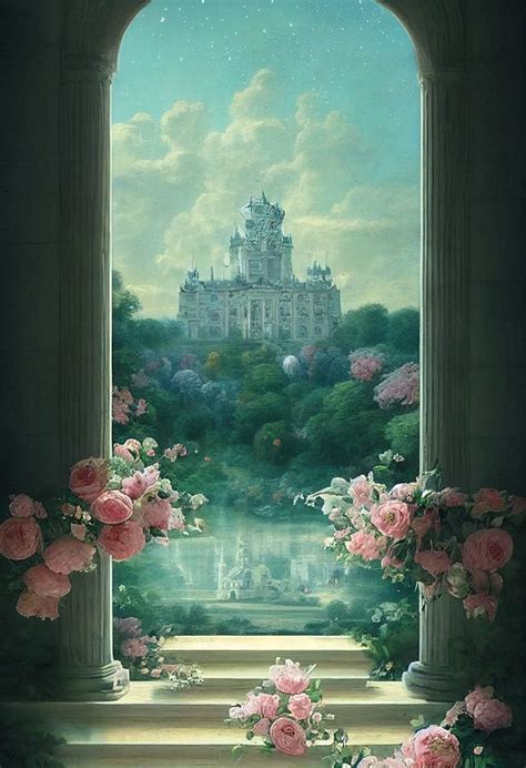 An Image Of A Castle With Flowers In The Foreground And Stairs Leading