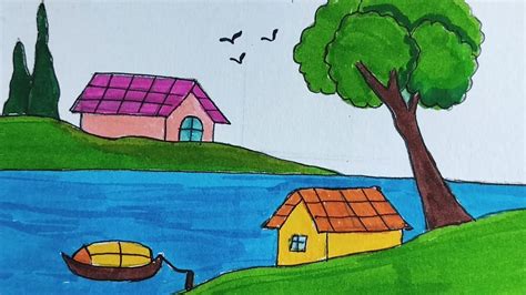 How To Draw Easy Lakeside Village Scenery Drawing Lake Scenery Art