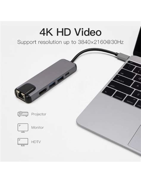 4k Hdmi 4k Usb Type C Hub 5 Ports Multi Usb C Hub To Gigabit Ethernet Rj45 Lan Adapter For