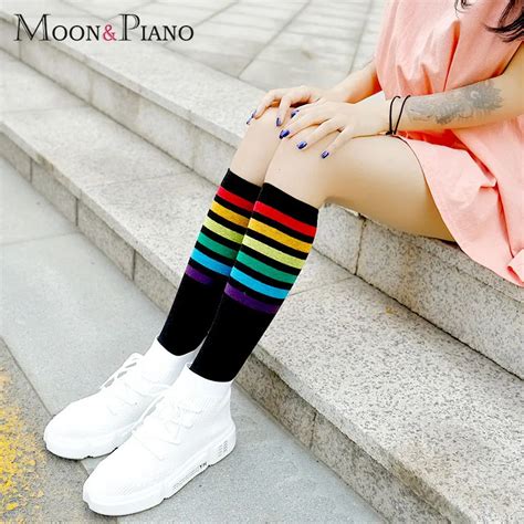 Harajuku New Fashion High Tube Ladies Kawaii Rainbow Striped Print Stockings Long Legs Woman