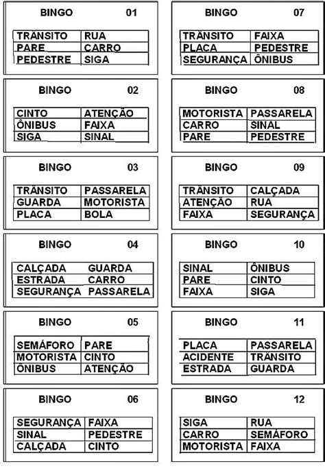 Bingo do Trânsito Atividades Escolares