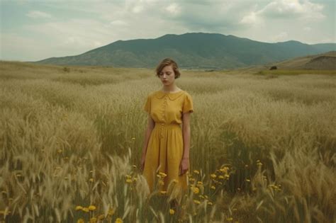 Premium Ai Image A Woman In A Yellow Dress Stands In A Field Of Tall