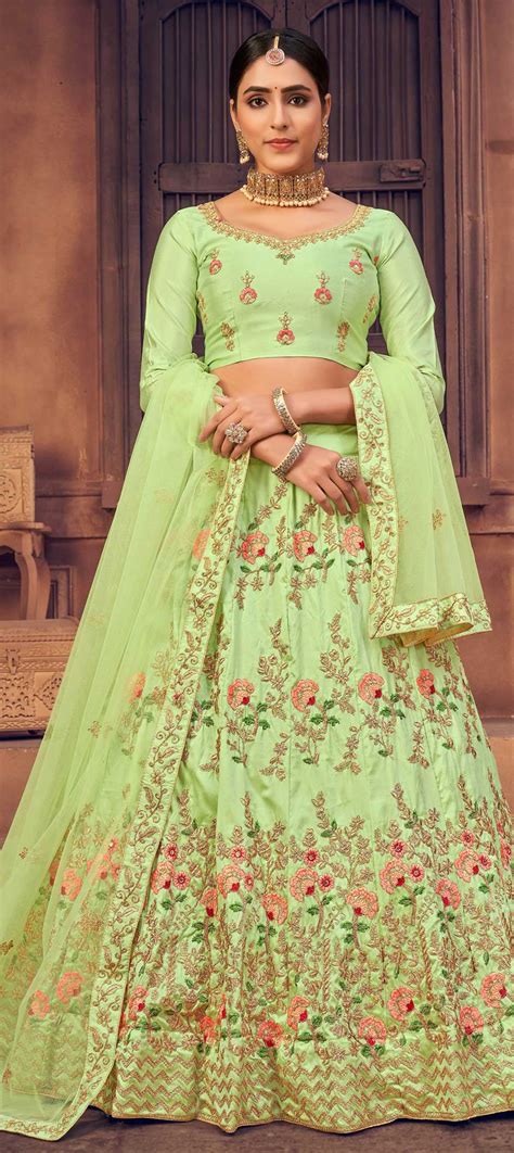 Designer Engagement Mehendi Sangeet Wedding Green Color Taffeta Silk