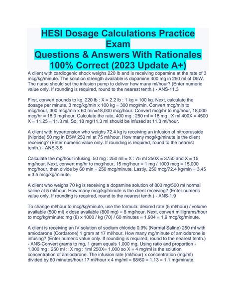 SOLUTION Hesi Dosage Calculations Practice Exam 2023 A Questions And