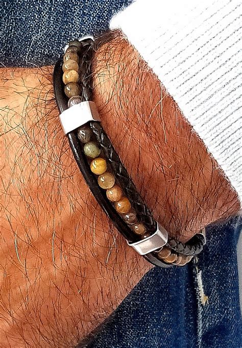 Bracelet Homme En Cuir Et Pierre Naturelle Fermoir Et Anneaux En