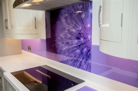 PURPLE DANTELION Printed Glass Kitchen Splashback By CreoGlass Design