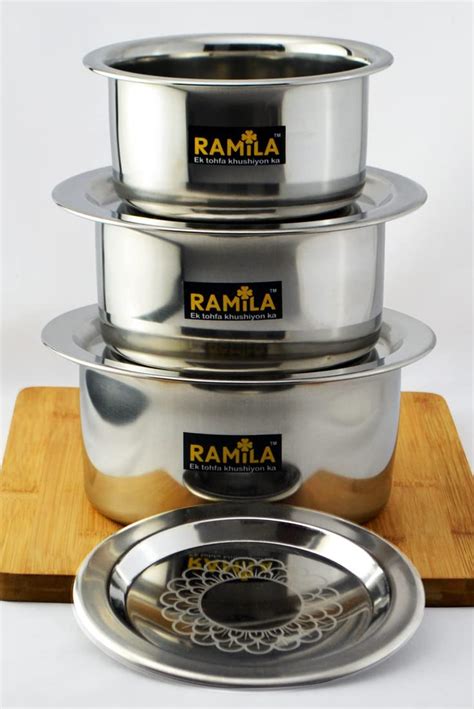 Buy Ramila Patila Steel Tope Set With Lid Stainless Steel Flat Bottom