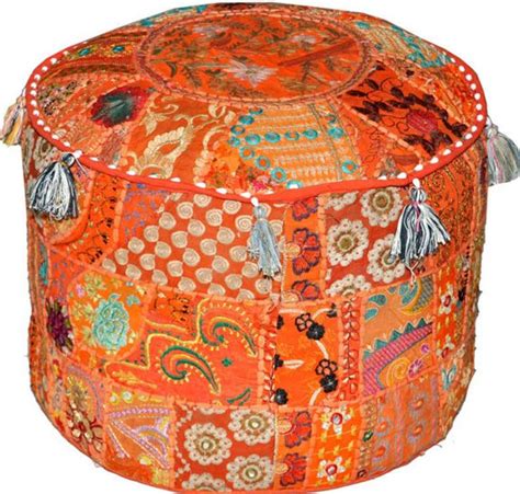 Bohemian Pouf Ottoman Pouffe Vintage Patchwork Indian Pouf Orange Round