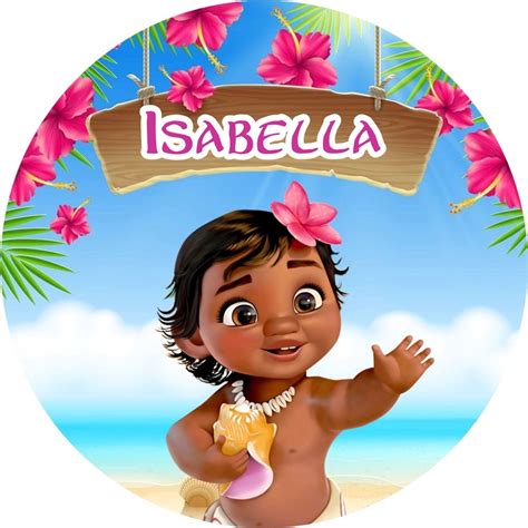 painel redondo em lona moana baby personalizamos nome decoração festa