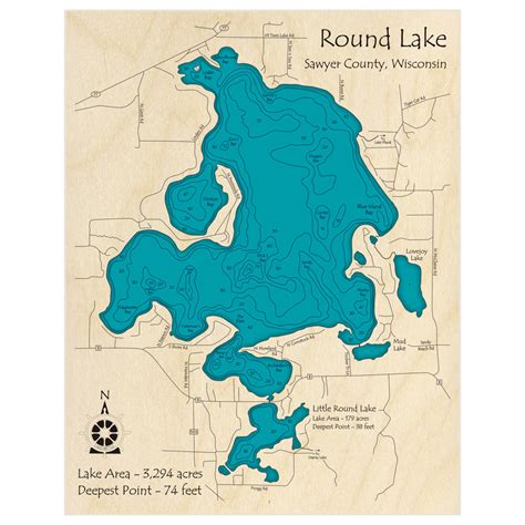 Round Lake w Little Round Lake 3D Custom Wood Map – Lake Art LLC