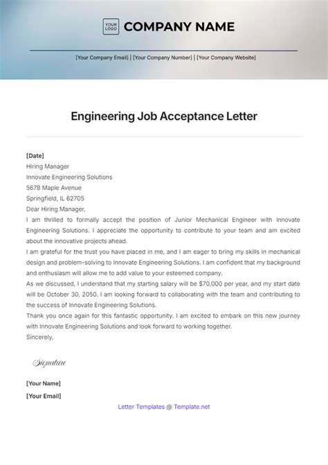 Free Engineering Job Acceptance Letter Template Edit Online