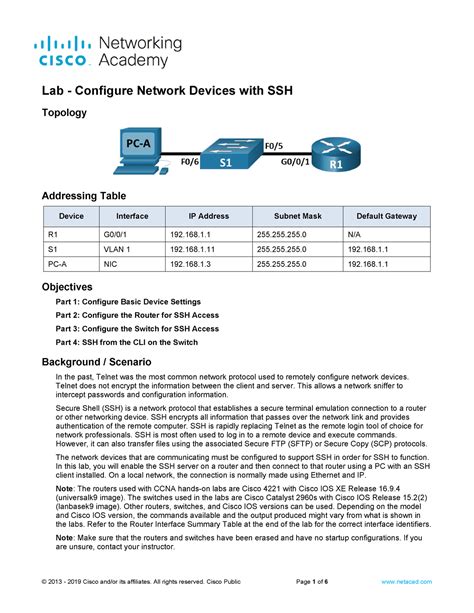 16 4 7 Lab Configure Network Devices With SSH Topology Addressing