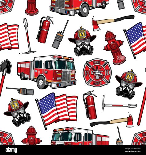 Firefighting Vector Seamless Pattern Firefighter Department Equipment