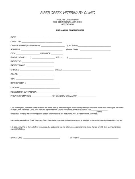 Fillable Online Euthanasia Consent Form Piper Creek Veterinary Clinic