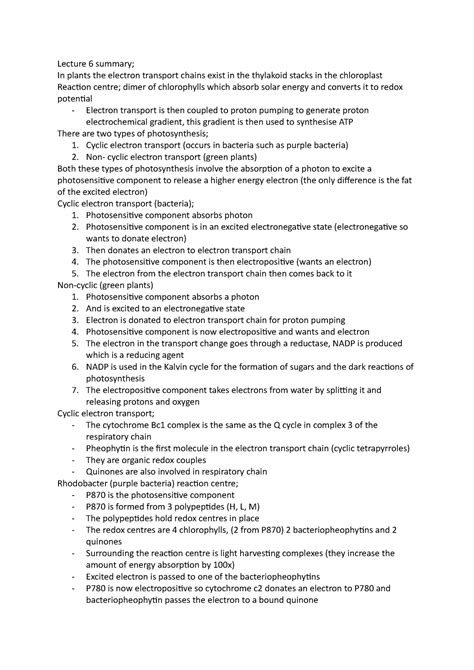 Lecture 6 summary - cyclic electron transport and non cyclic electric ...