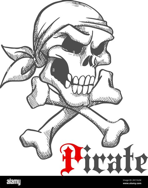 Pirate Captain Skull With Crossbones Vintage Sketch Illustration With