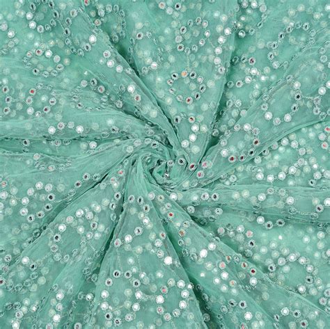 Buy Seagreen Silver Flower Net Embroidery Fabric For Best Price