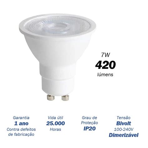 Lâmpada Dicróica LED 7W Bivolt GU10 2 700K 36 Dimerizável Usina da Luz