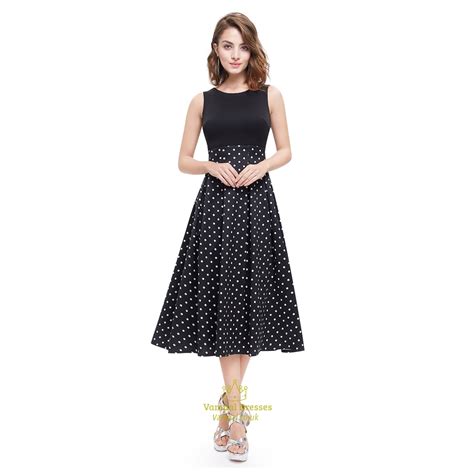 Vintage Black And White Polka Dot Sleeveless Fit And Flare Midi Dress