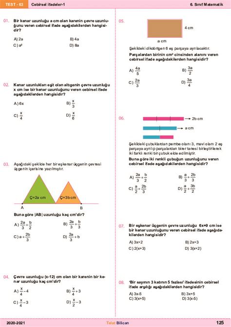 S N F Matematik B Test Cebirsel Ifadeler Yaprak Test Derslig