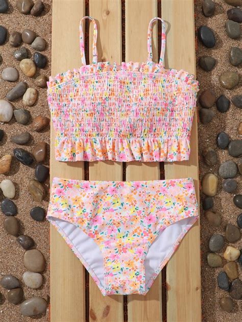 Girls Floral Print Smocked Ruffle Hem Bikini Swimsuit SHEIN USA