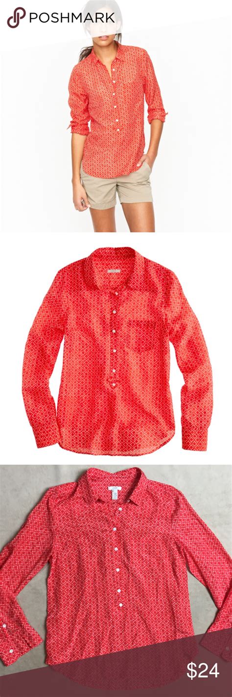 J Crew Red Silk Cotton Blend Popover Blouse Popover Blouse Clothes