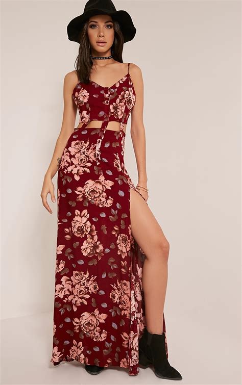 Saleena Burgundy Cut Out Floral Maxi Dress Prettylittlething