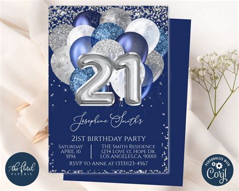 21st Birthday Invitation Template Navy Blue And Silver Birthday Editable Balloons Birthday