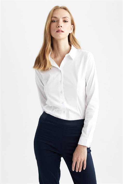 White Woman Regular Fit Shirt Collar Long Sleeve Shirt Defacto