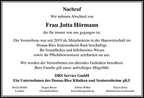 Traueranzeigen von Jutta Hörmann Augsburger Allgemeine Zeitung