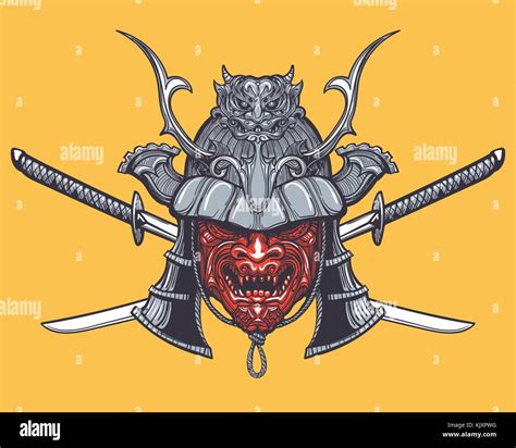 Hand Drawn Japanese Samurai Mask With Two Crossed Swords Vector